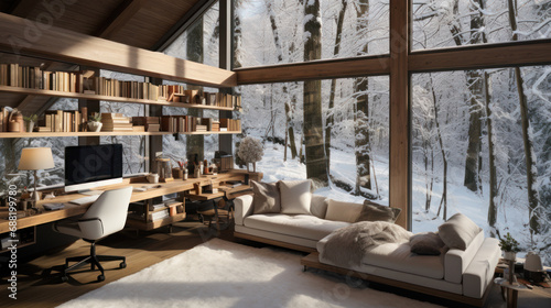A home office with a view of a snowy landscape,