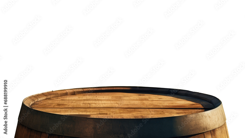 Old empty wooden oak barrel top for product placement with transparent background, frontal view, isolated. - obrazy, fototapety, plakaty 