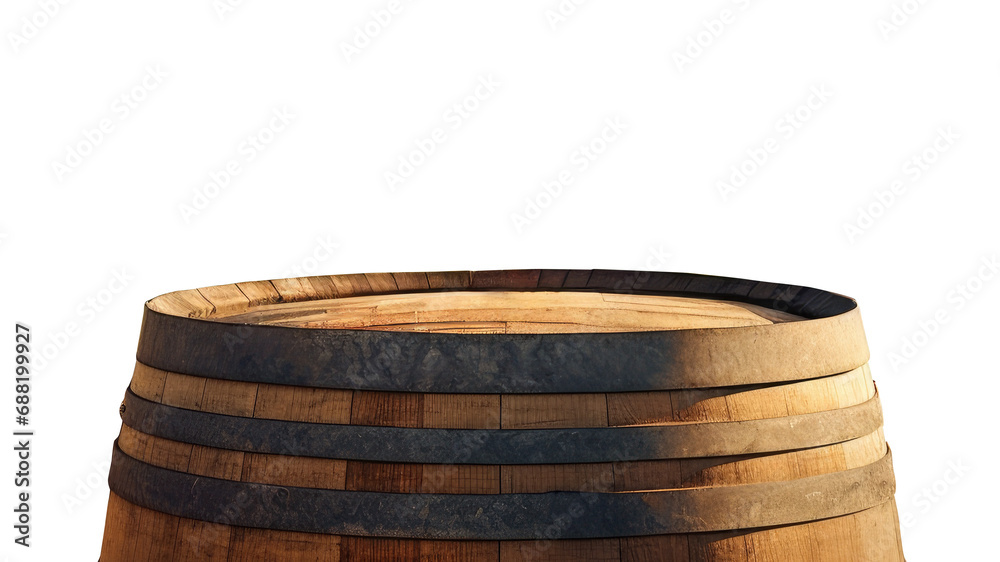 Fototapeta premium Old empty wooden oak barrel top for product placement with transparent background, frontal view, isolated.