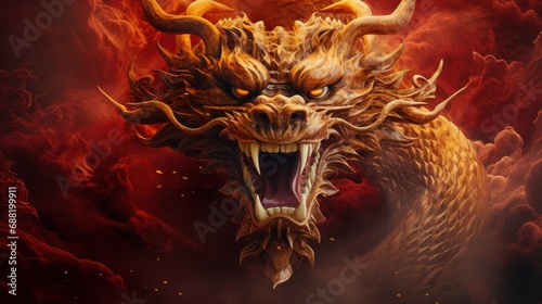 A majestic Chinese dragon with golden scales and fierce eyes,