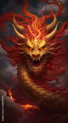 A majestic Chinese dragon with golden scales and fierce eyes,