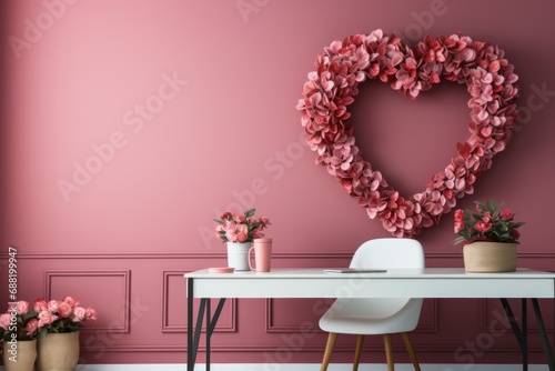 A minimalist office with a heart-shaped wreath and red and pink stationery pr...
