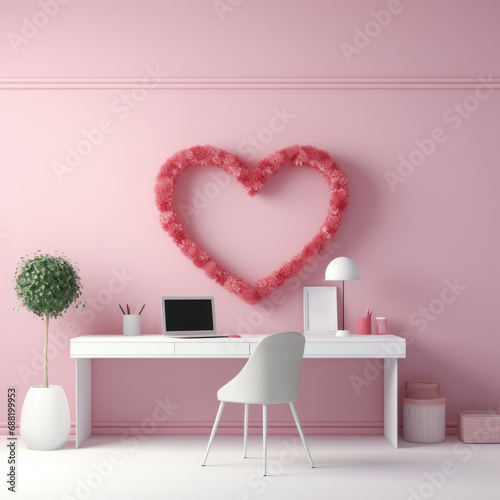 A minimalist office with a heart-shaped wreath and red and pink stationery pr...