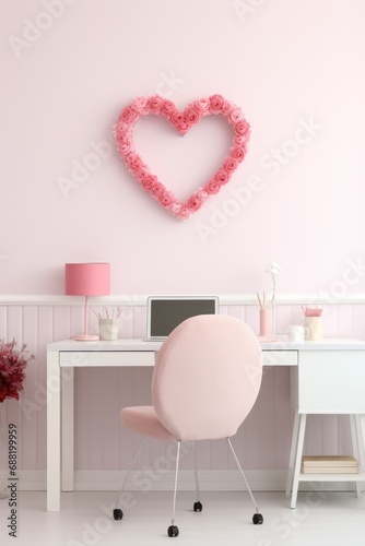 A minimalist office with a heart-shaped wreath and red and pink stationery pr...