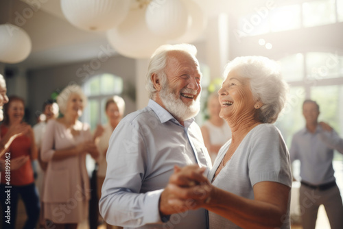 Cheerful retired husband and wife dancing and laughing at dance, happy romantic couple enjoy slow dance.generative ai photo