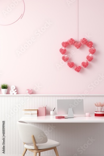 A minimalist office with a heart-shaped wreath and red and pink stationery pr...