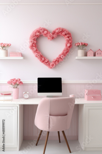A minimalist office with a heart-shaped wreath and red and pink stationery pr...