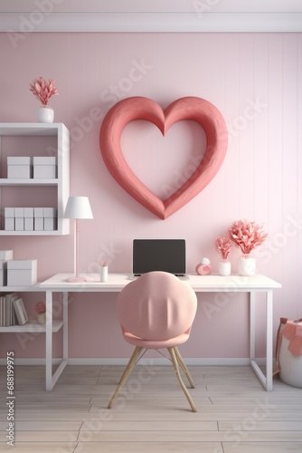 A minimalist office with a heart-shaped wreath and red and pink stationery pr...