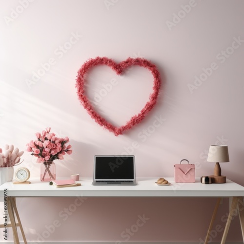 A minimalist office with a heart-shaped wreath and red and pink stationery pr...
