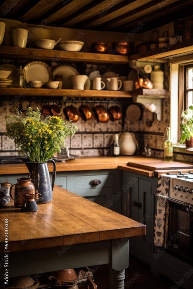 A rustic and inviting kitchen, complete with wooden countertops and vintage decor, A rustic and inviting kitchen, complete with wooden countertops and vintage decor,