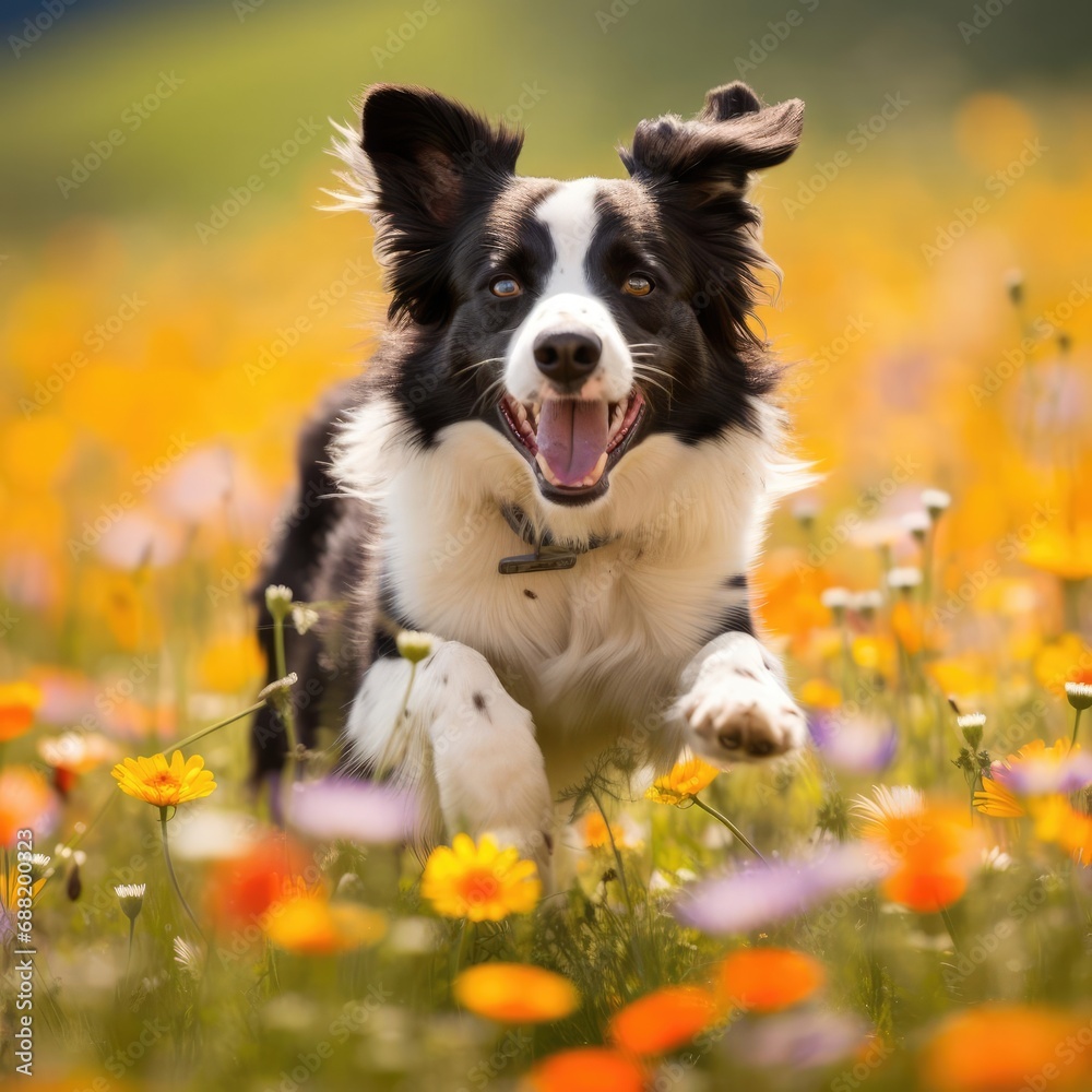 Border Collie's Frisbee Fetch in a Wildflower Field Through a Telephoto Lens