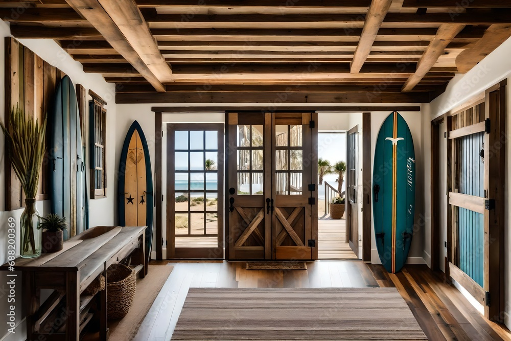 A coastal farmhouse entryway with barn-style doors, reclaimed wood accents, and a vintage surfboard as wall art