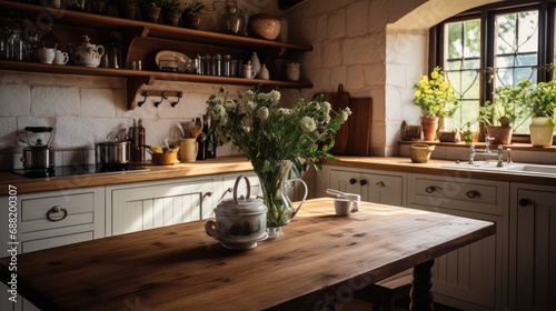 A rustic and inviting kitchen, complete with wooden countertops and vintage decor, © olegganko