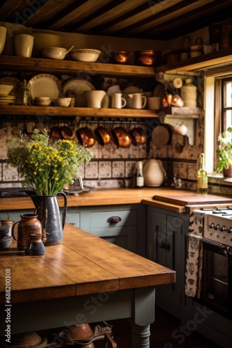 A rustic and inviting kitchen  complete with wooden countertops and vintage decor 