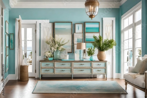 An elegant coastal foyer with a touch of shabby chic, showcasing distressed furniture, vintage coastal artwork, and a hint of aqua blue