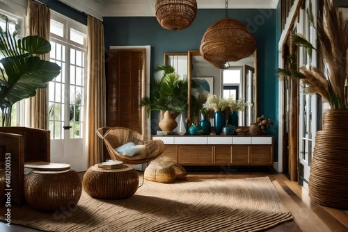 An eclectic beach house foyer blending various textures, from jute rugs to rattan furniture and shell-encrusted decor photo