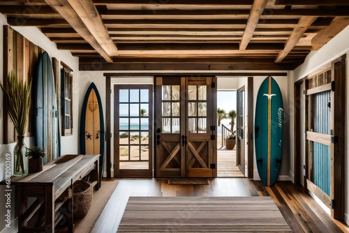 A coastal farmhouse entryway with barn-style doors, reclaimed wood accents, and a vintage surfboard as wall art