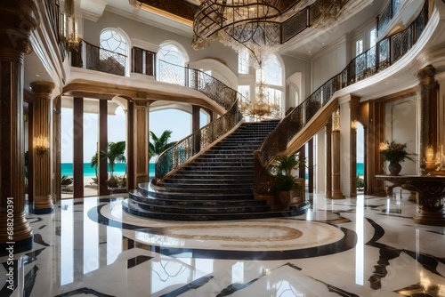 The grand foyer of a beachfront estate  featuring a grand staircase  polished marble floors  and subtle coastal accents