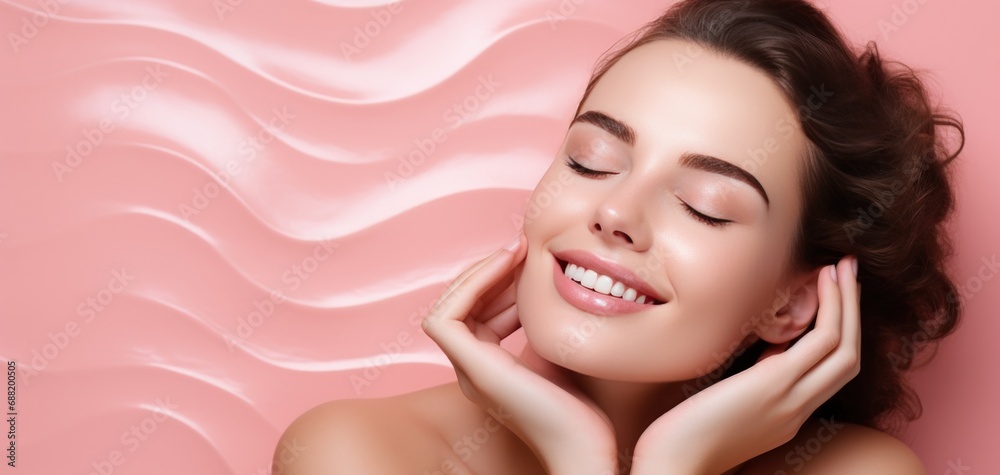 Naklejka premium a smiling woman on pink background with hands touching her face,