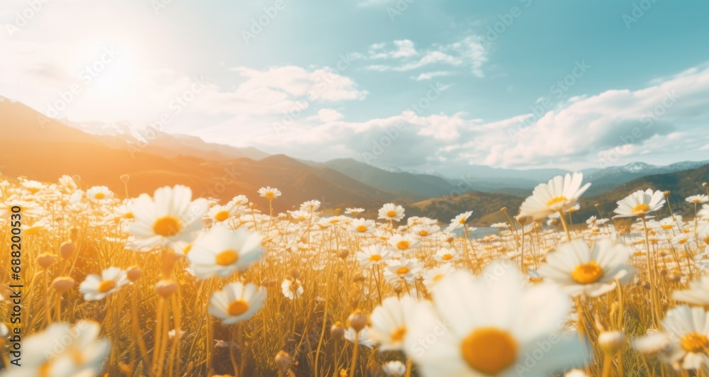 a spring flower field on sunny day