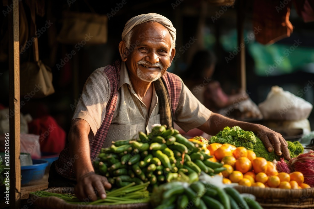 Vibrant Life Unveiled: A spirited street vendor, donned in traditional attire, peddling a kaleidoscope of produce in a lively open-air market. - obrazy, fototapety, plakaty 