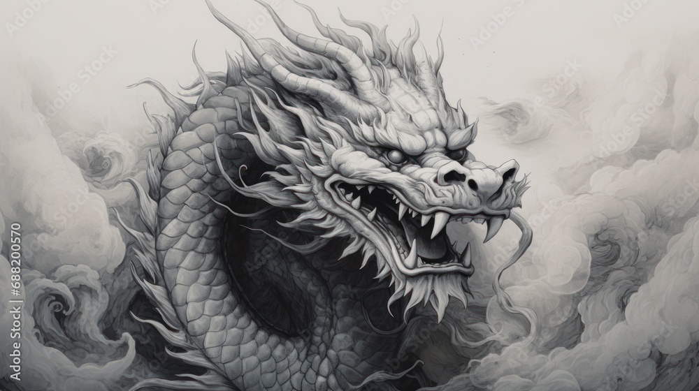 A stunning black and white Chinese dragon, A stunning black and white Chinese dragon,