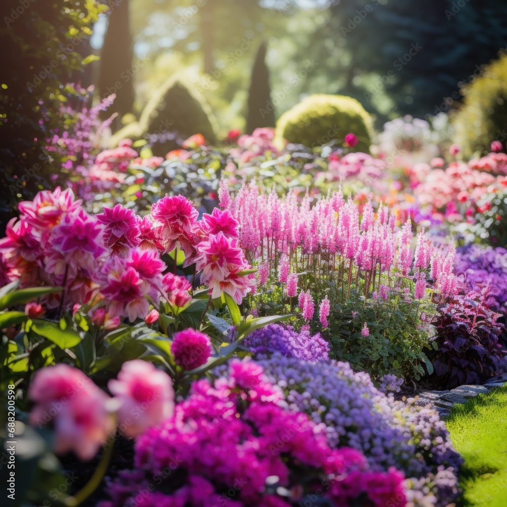 A stunning spring garden with vibrant pink and purple flowers in full bloom, A stunning spring garden with vibrant pink and purple flowers in full bloom,