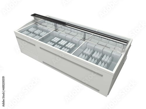 supermarket and grocery stores commercial freezer, Island freezer, or horizontal chest freezer divided into three main compartments with stored frozen food items. glass top. 3d rendering illustration.