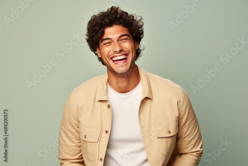 Close up portrait of handsome man with curly hair in beige shirt laughing and looking at camera.Copy space for text.generative ai