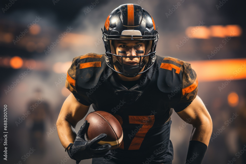 An American football player with a ball in his hand runs against the background of the stadium lights. Abstract background. An American football player with a ball in his hand runs against the background of the stadium lights. Abstract background.