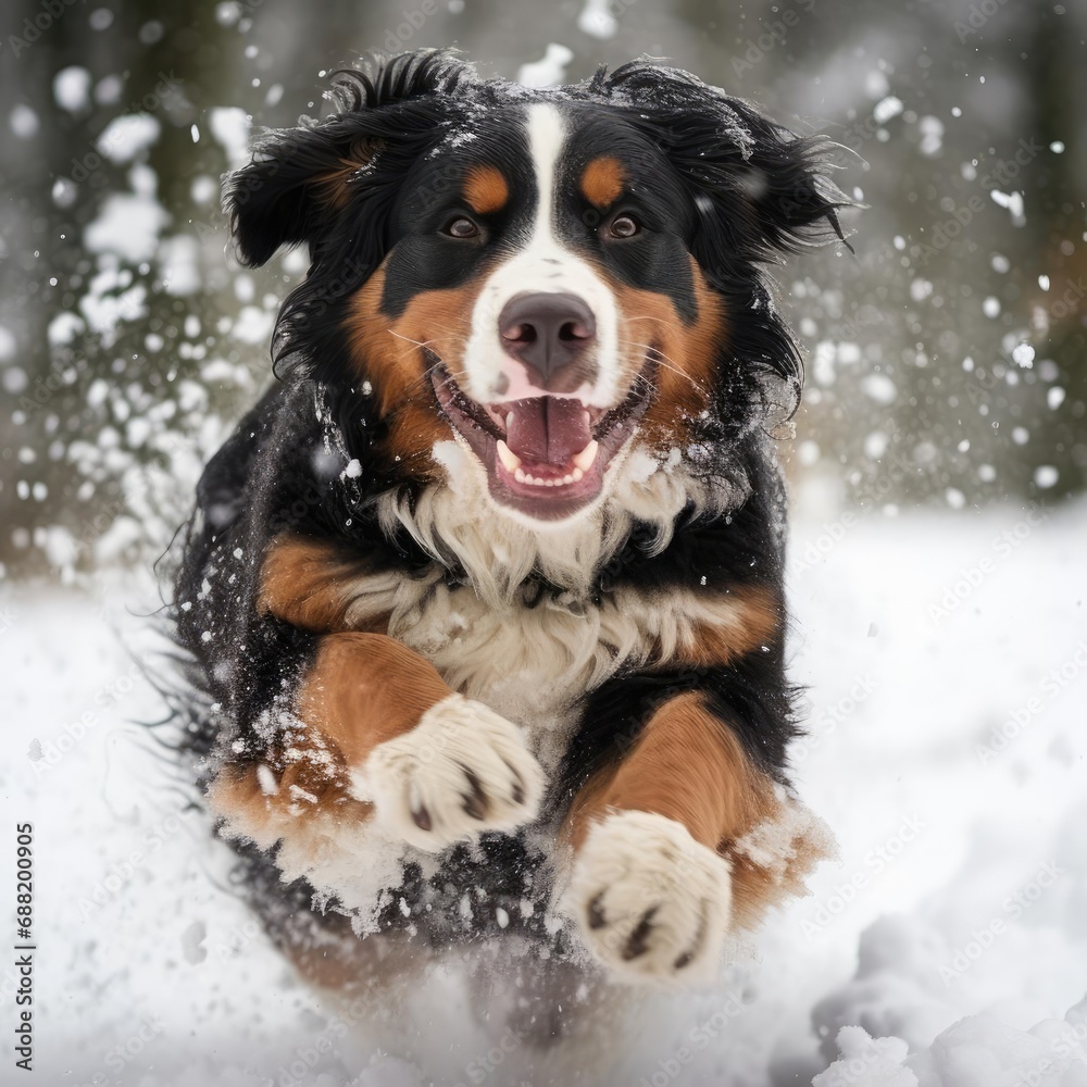 Majestic Bernese Mountain Dog Frolic in Snowy Wonderland: A Photographic Masterpiece