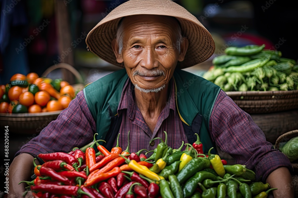 Vibrant Life Unveiled A spirited street vendor, donned in traditional