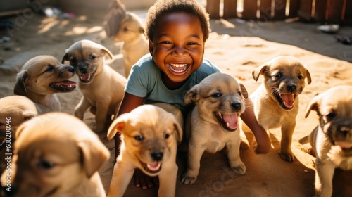 A young boy grins with excitement as he plays with a playful and energetic litter of puppies. photo