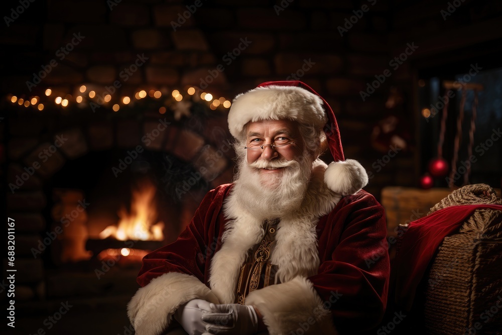 Santa Claus in his mid-60s, wearing his iconic red suit, standing in front of a festively decorated fireplace with a sack full of gifts slung over his shoulder. 