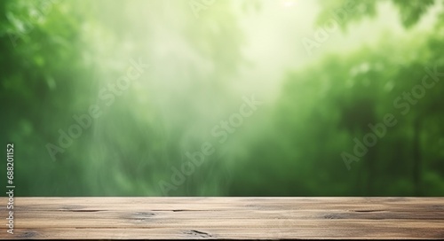 abstract background made of green haze with a wooden table,