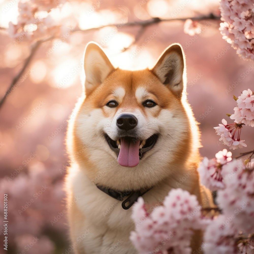 Majestic Akita Amid Cherry Blossoms at Sunset