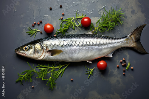 Fresh mackerel fish on a beautiful dark background with tomatoes, rosemary and peppercorns, top view with space for text.generative ai photo