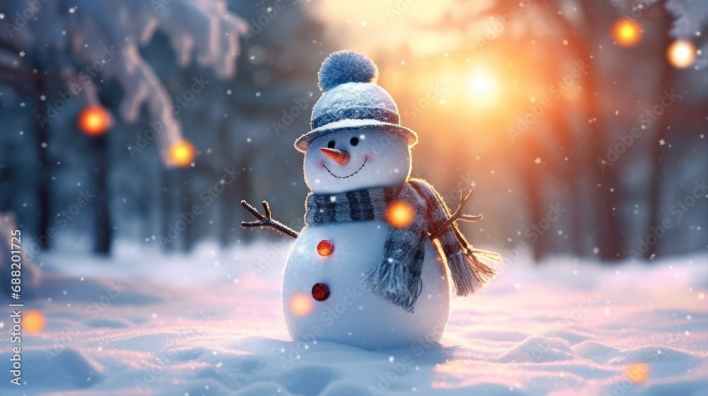 Happy snowman standing in Christmas landscape. Snow background. Winter fairytale