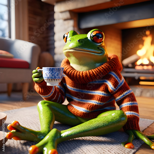 It's the perfect scene for a cozy winter night. The frog is contentedly sipping tea, wearing a warm sweater. He's by the fireplace, where the flames are crackling and providing a cozy ambiance. It's a photo