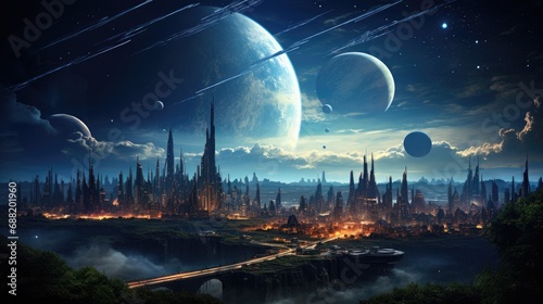 Celestial Metropolis: A Dazzling Futuristic Cityscape under the Glow of Twin Moons, Radiating with Neon Lights and Advanced Technology, Evoking Awe and Wonder.