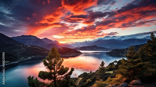Majestic Sunset: A tranquil panorama of a rugged mountain range, a calm lake mirroring the warm hues of the sky.