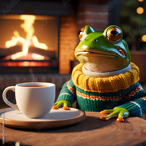 It's the perfect scene for a cozy winter night. The frog is contentedly sipping tea, wearing a warm sweater. He's by the fireplace, where the flames are crackling and providing a cozy ambiance. It's a photo