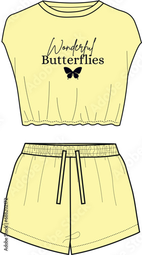 Cropped tank top and shorts. woman sleepwear set. crop top and high waist short set drawing with butterfly print pattern. 