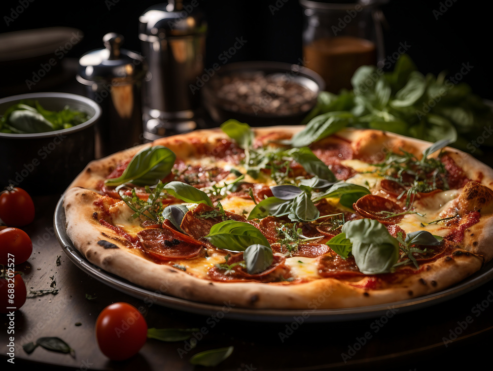 Traditional Pepperoni Pizza Adorned with Fresh Basil and Mozzarella on a Dark, Rustic Tabletop - Ideal for Culinary Websites