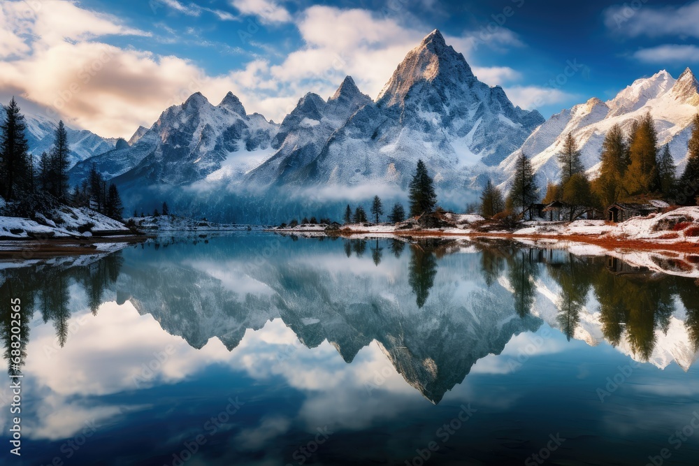 Fantastic winter landscape of snow-capped mountains and lake, Dramatic overcast sky, Beauty of world, Serene winter landscape, snow-capped mountains on a cloudy day near the water