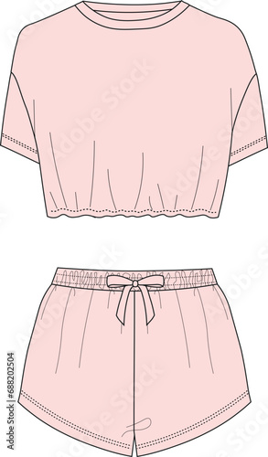 Cropped tank top and shorts. woman sleep wear set. crop top and high waist short set drawing. 