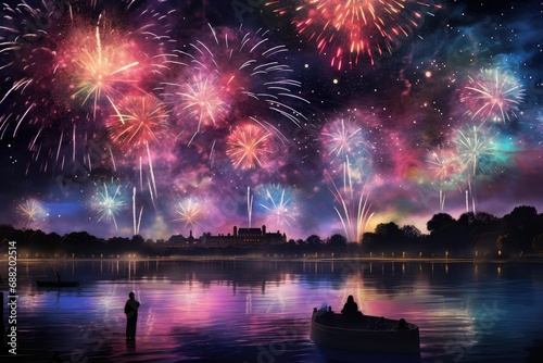 Stunning Fireworks above Lake in the Night, Colorful fireworks over Vistula river in Warsaw, Fireworks celebration on the lake, new year eve, celebration photo