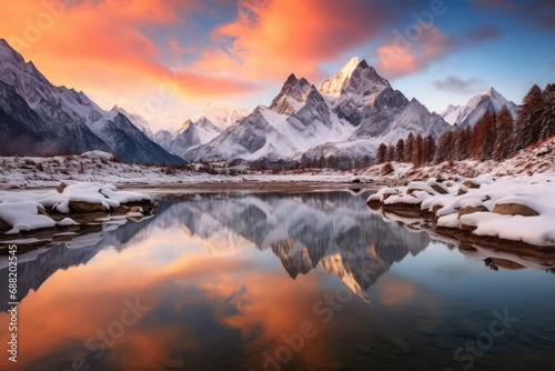 Beautiful winter landscape of Matterhorn peak reflected in lake, snow-capped mountains on a cloudy day near the water, A breathtaking scene of snow-capped mountains