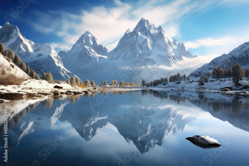 Beautiful winter landscape with lake, mountains and snow-capped peaks, View of the snow-capped mountains in the clouds near a lake, Stunning winter landscape