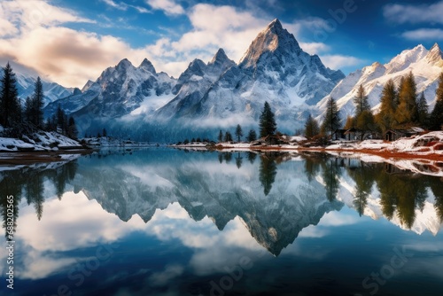 Fantastic winter landscape of snow-capped mountains and lake, Dramatic overcast sky, Beauty of world, Serene winter landscape, snow-capped mountains on a cloudy day near the water